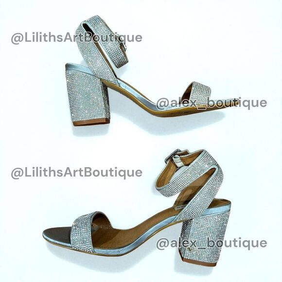 Steve Madden Malia Silver Rhinestone Strappy Chunky Block Heel Sandals(F038) - Picture 6 of 12